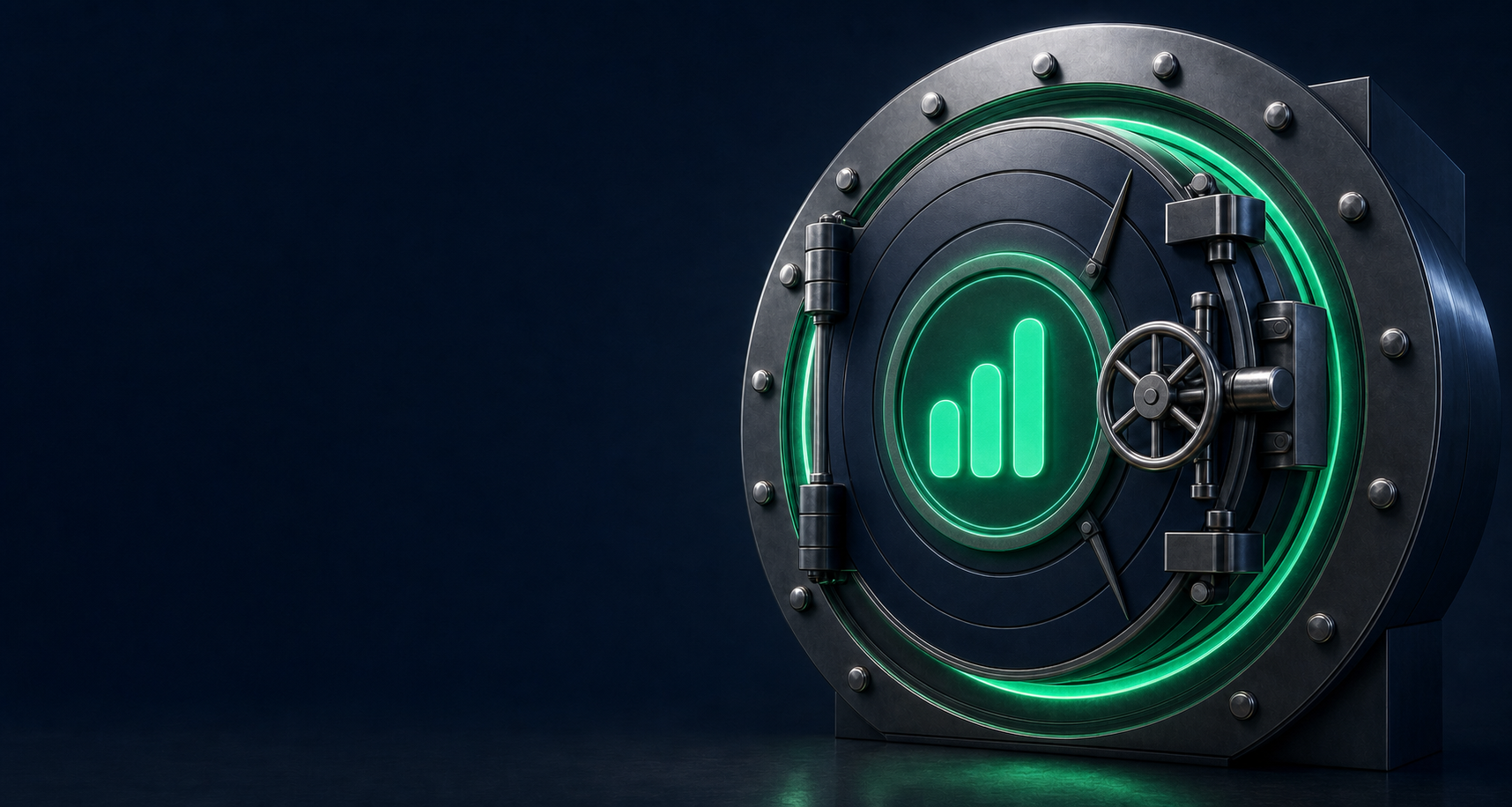 A navy vault door with three ascending emerald bars glowing at its center — the TrainVault Rising Bars mark